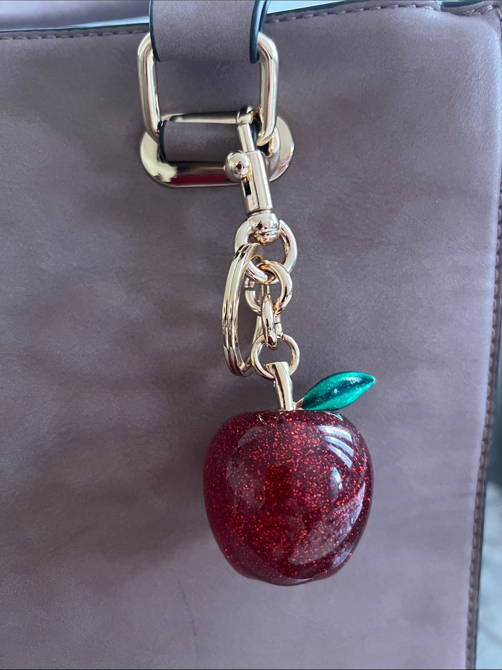 Glitter Red Apple Charm Keychain with Green Leaf